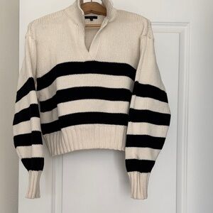 Quince Black & Ivory Striped High Collar V-Neck Organic Cotton Sweater | Size M